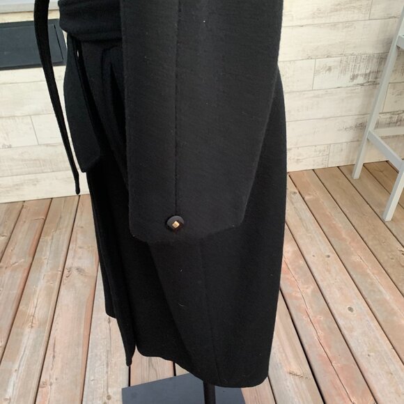 Vintage 90s Double Breasted Belted Long Maxi Overcoat Black Wool Trench Coat - Picture 5 of 16